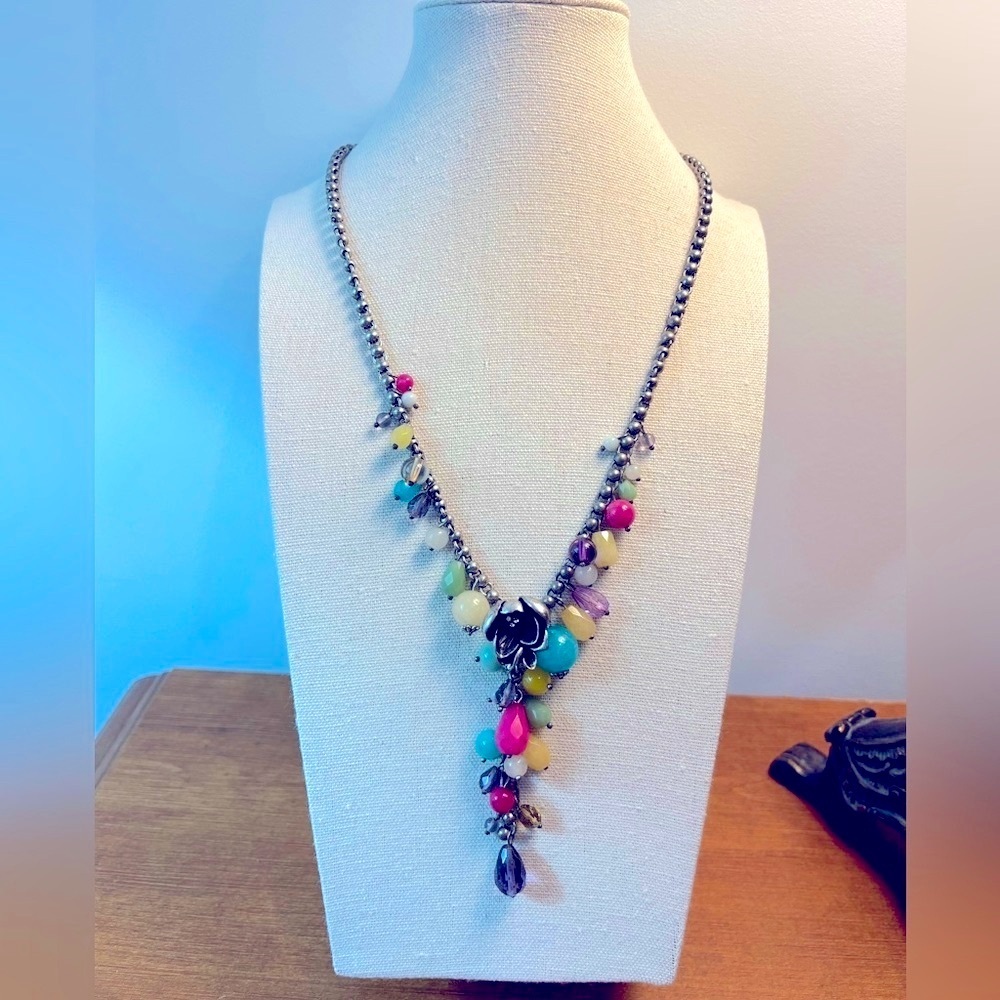 Vintage Fossil Beaded Flower Y-Necklace Y2K Boho Statement Jewelry Multi-Color - Picture 5 of 9